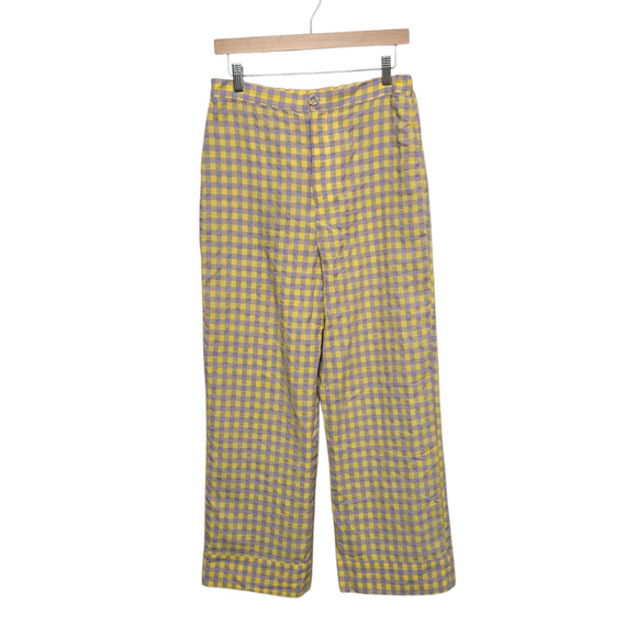 Find Me Now Pants Womens Large Yellow Purple Gingham Checkered Wide Leg Cotton - Picture 1 of 11